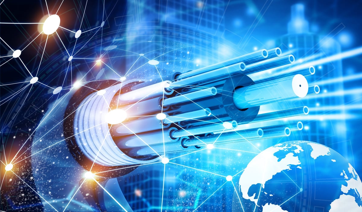 Glowing fiber optic cables transmitting high-speed data across a blue digital global communication network